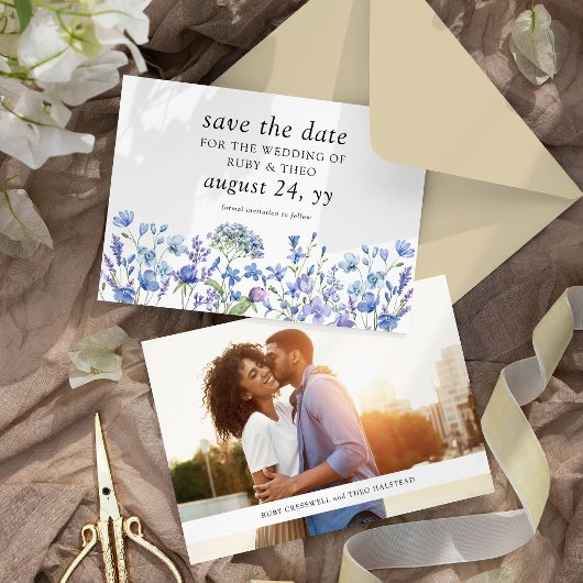 Save The Date Élégant mariage Périwinkle photo Fleur sauvage