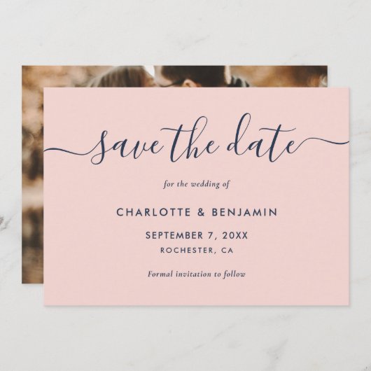 Save The Date Élégant Mariage photo bleu et bleu marine moderne (Devant / Derrière)
