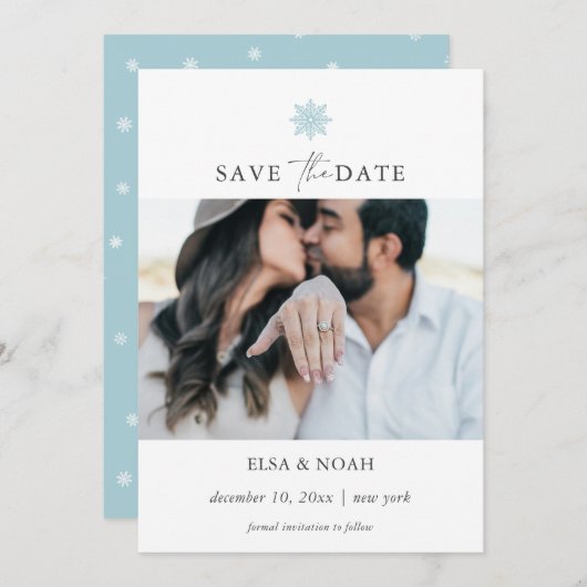 Save The Date Élégant mariage photo Blue Snowflake lumière (Devant / Derrière)