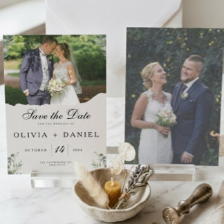 Save The Date Élégant Mariage Photo Bohème aux Feuilles d'Eucaly