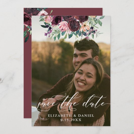 Save The Date Élégant Mariage photo Burgundy (Devant / Derrière)