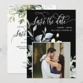 Save The Date Élégant Mariage Photo Code QR Feuilles Vertes Noir (Devant / Derrière)