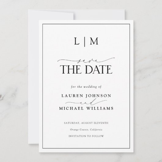 Save The Date Élégant Mariage photo de Monogramme noir et blanc (Devant)