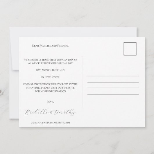 Save The Date Élégant Mariage photo de script moderne (Dos)