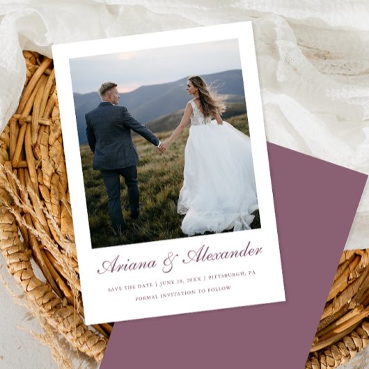 Save The Date Élégant Mariage photo de script violet