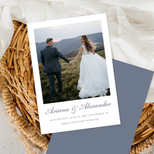 Save The Date Élégant Mariage photo Dusty Blue Script