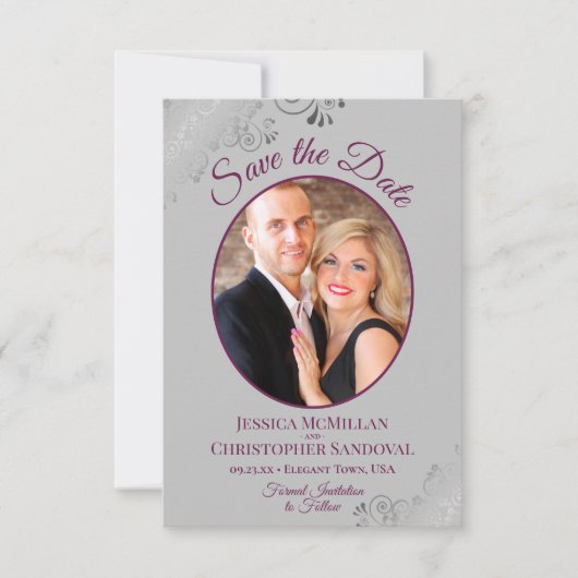 Save The Date Élégant Mariage photo en argent Lace Magenta sur g (Devant)