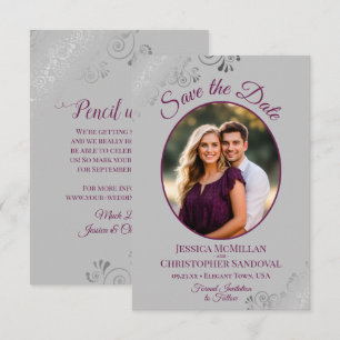 Save The Date Élégant Mariage photo en argent Lace Magenta sur g
