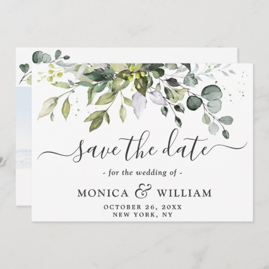 Save The Date Elégant Mariage PHOTO Eucalyptus 3 (Devant / Derrière)