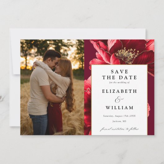 Save The Date Élégant Mariage photo Floral Rouge Et Or Bourgogne (Devant)