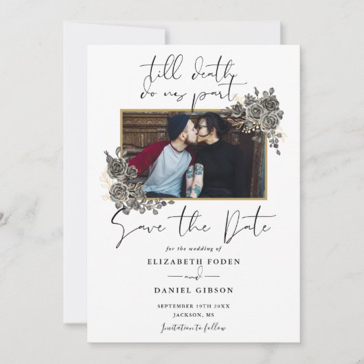 Save The Date Élégant mariage photo florale gothique de script (Devant)