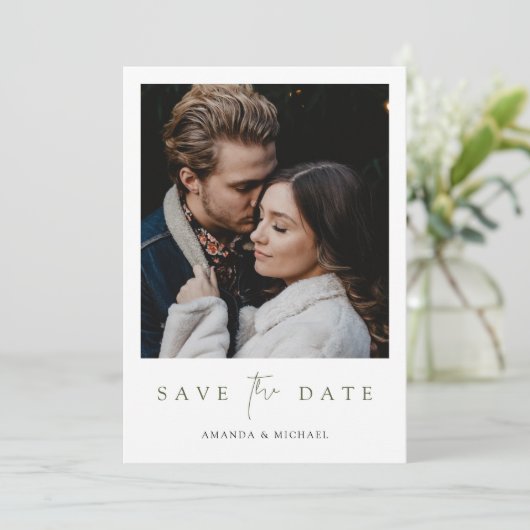 Save The Date Élégant Mariage photo moderne de script vert (Debout devant)