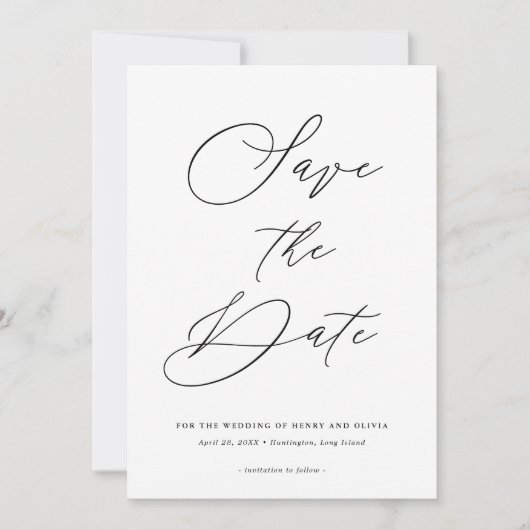 Save The Date Élégant Mariage Photo Noir et Blanc au Dos Script (Devant)