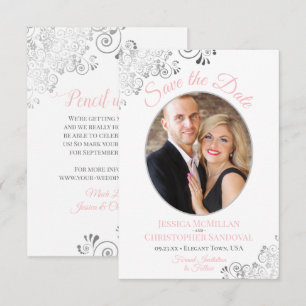 Save The Date Élégant Mariage Photo Rose Gris Blanc Dentelle Arg