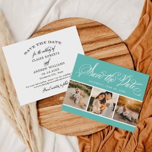Save The Date Élégant Mariage Photo Trois Calligraphie Sarcelle