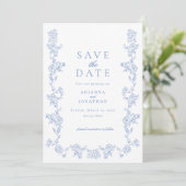 Save The Date Élégant Mariage photo victorien bleu (Debout devant)