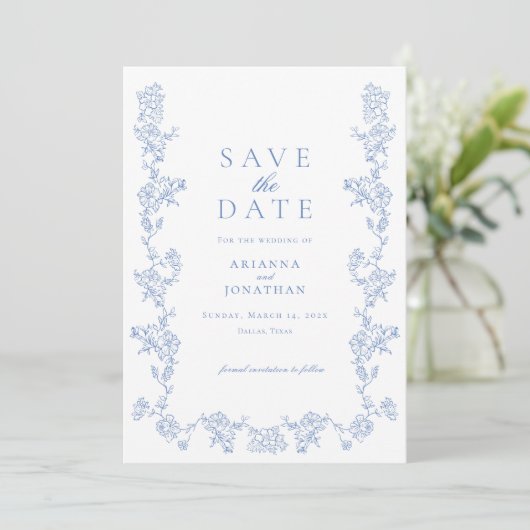 Save The Date Élégant Mariage photo victorien bleu (Debout devant)