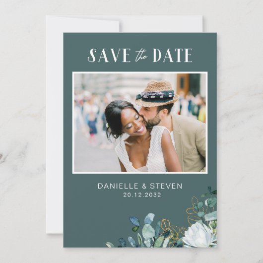 Save The Date Elégant mariage romantique à fleurs blanches eucal (Devant)