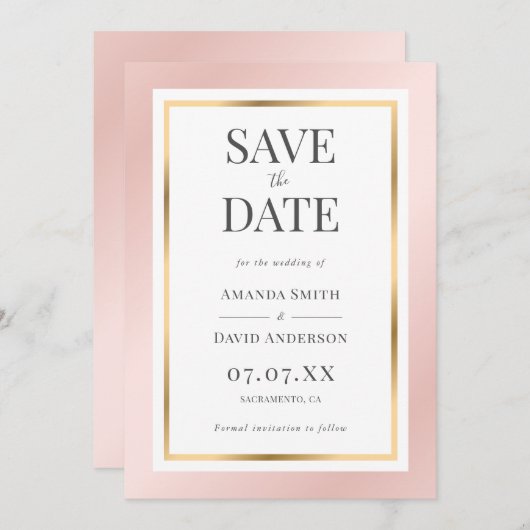 Save The Date Élégant Mariage rose et or (Devant / Derrière)