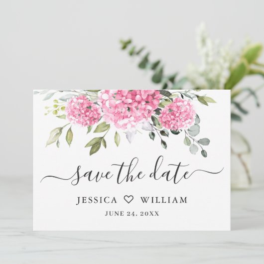 Save The Date Élégant Mariage rose Hydrangea Floral (Debout devant)