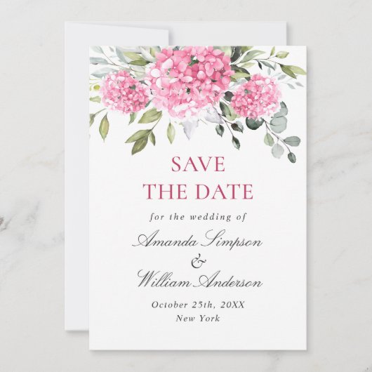 Save The Date Élégant Mariage rose Hydrangea Floral (Devant)