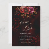 Save The Date Élégant Mariage rouge foncé fleurs noires (Devant)