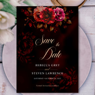 Save The Date Élégant Mariage rouge foncé fleurs noires