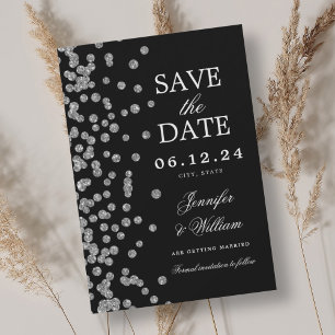 Save The Date Élégant Mariage Script Argent Confetti Noir