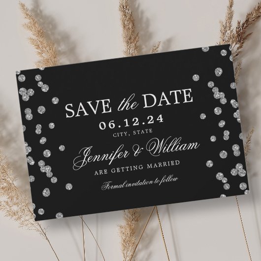 Save The Date Élégant Mariage Script Argent Confetti Noir