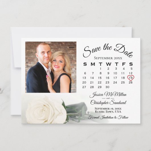 Save The Date Élégant Mariage simple Rose blanche Calendrier & P (Devant)