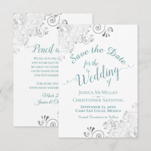 Save The Date Élégant Mariage Tourbillons Bouclés Argent Turquoi