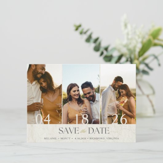 Save The Date Elégant mariage trois photos Enregistrer la date (Debout devant)