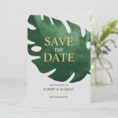 Save The Date Élégant mariage tropical vert feuille de Monstera (Debout devant)