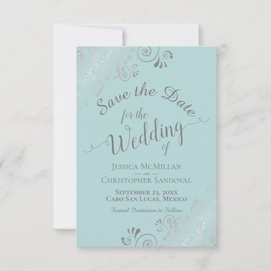 Save The Date Elégant Mariage Turquoise de boucles et de pointes (Devant)