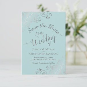 Save The Date Elégant Mariage Turquoise de boucles et de pointes