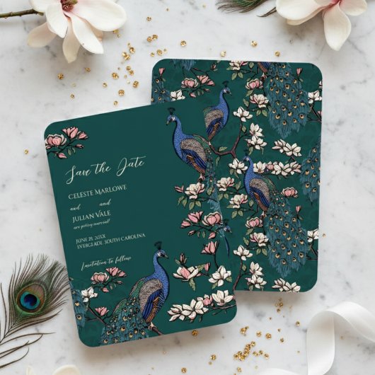 Save The Date Élégant Mariage Turquoise de Peacock Floral
