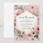 Save The Date Élégant Mariage végétal rose (Devant / Derrière)