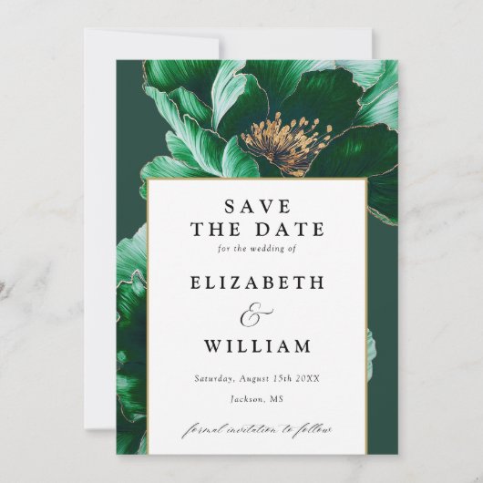 Save The Date Élégant Mariage Vert Émeraude Et Or Floral (Devant)