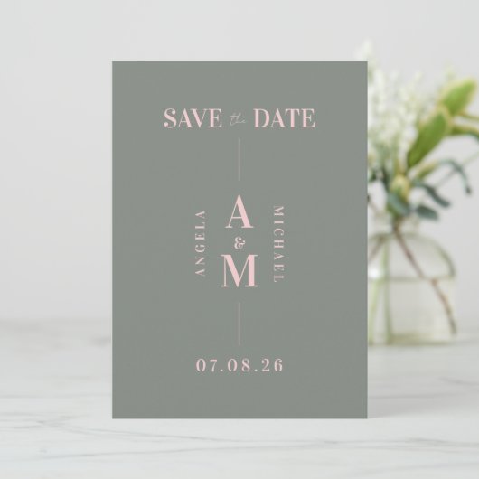 Save The Date Élégant Mariage vert rose chic Enregistrer la date (Debout devant)