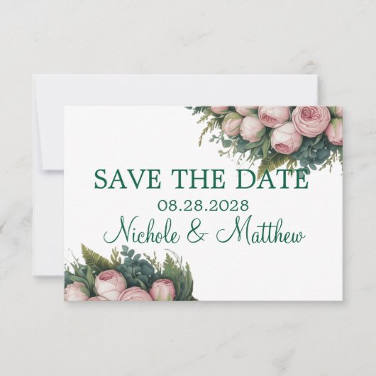 Save The Date Élégant Mariage vert Wreath Pink Buds (Devant)