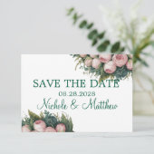 Save The Date Élégant Mariage vert Wreath Pink Buds (Debout devant)