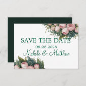Save The Date Élégant Mariage vert Wreath Pink Buds (Devant / Derrière)