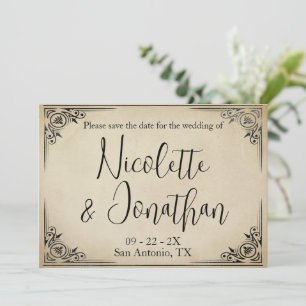 Save The Date Elégant mariage vintage sur parchemin beige défraî