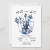 Save The Date Élégant Mariage violon blanc et bleu (Devant)