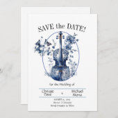 Save The Date Élégant Mariage violon blanc et bleu (Devant / Derrière)