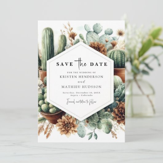 Save The Date Élégant Mariage Whimsical Cactus (Debout devant)