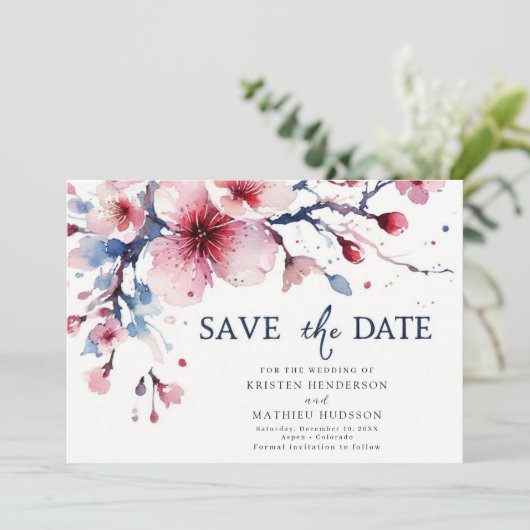 Save The Date Élégant Mariage Whimsical Cherry Blossom (Debout devant)