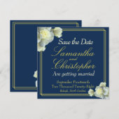 Save The Date Élégant Marine Bleu Gold Script Rose blanche Maria (Devant / Derrière)