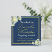 Save The Date Élégant Marine Bleu Gold Script Rose blanche Maria (Debout devant)