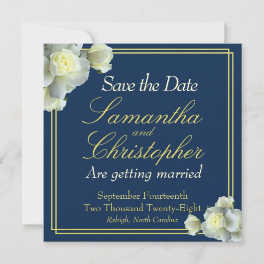 Save The Date Élégant Marine Bleu Gold Script Rose blanche Maria (Devant)